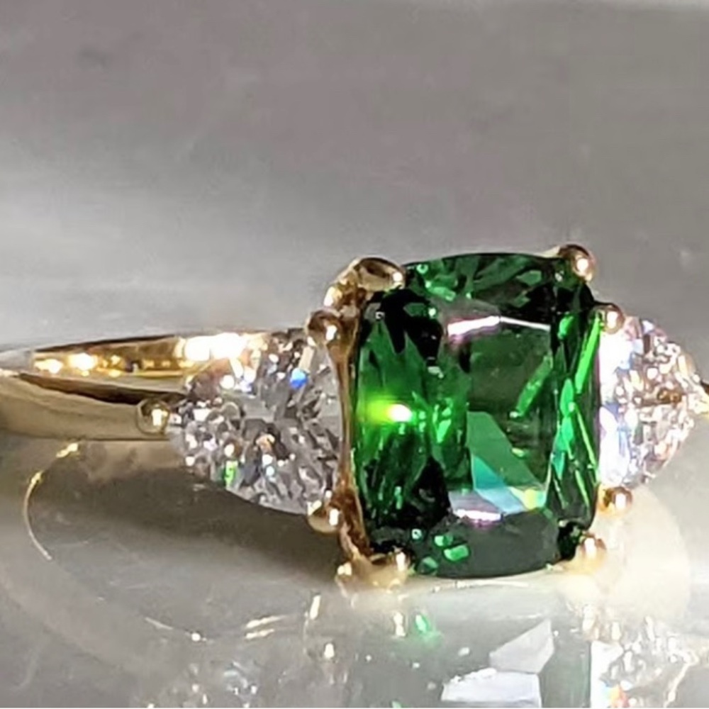 Emerald Green Synthetic Zircon Three-Stone 14k Gold Plated Ring - Women Jewelry